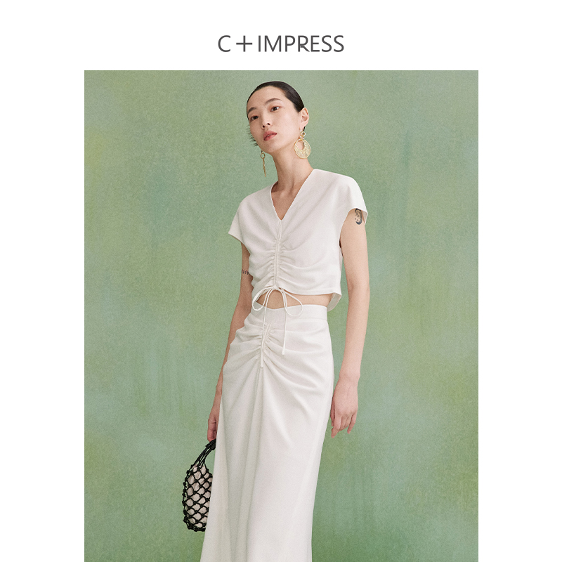 C+IMPRESS 醋酸仿麻时尚裙装套装半身裙抽褶修身设计法式度假复古