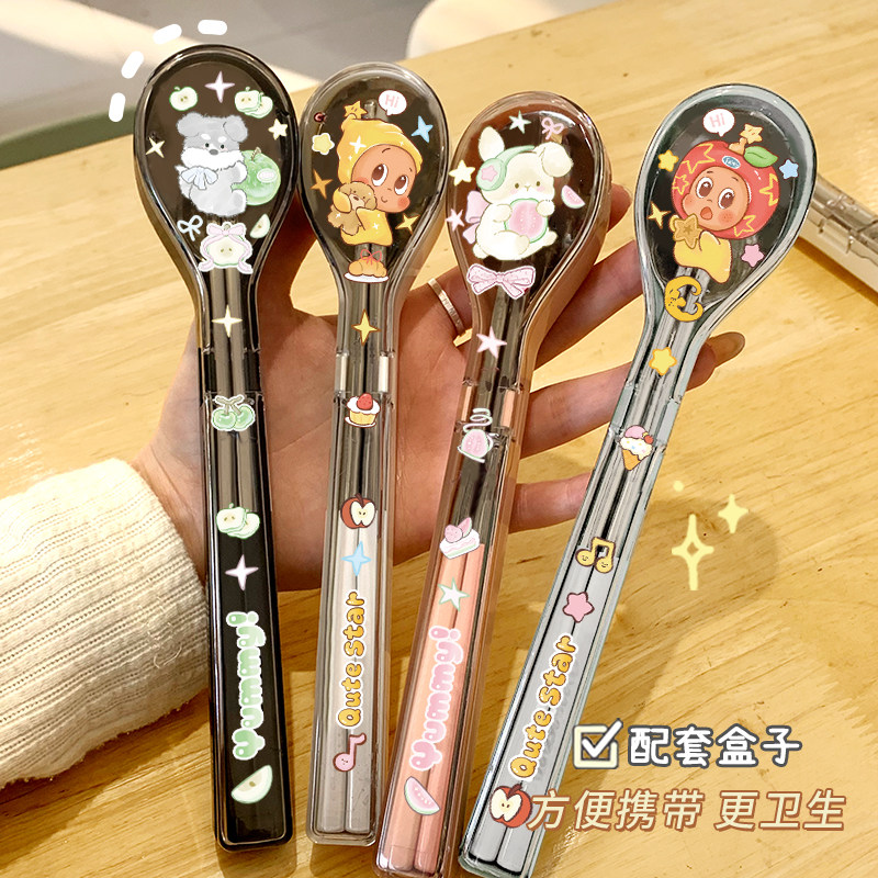 原创不锈钢筷子勺子盒子两件套可爱卡通儿童户外食堂便携餐具套装图片