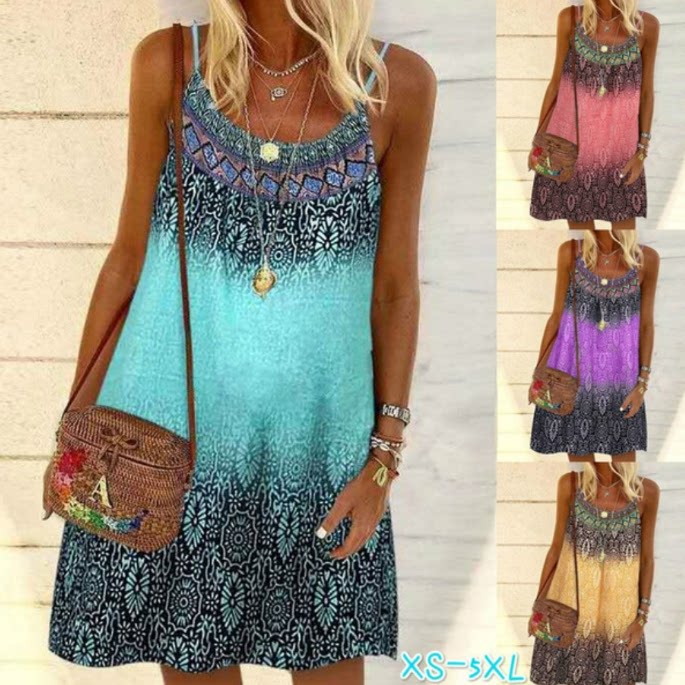 跨境欧美2026春夏新款休闲时尚个性数码印花宽松吊带雪纺连衣裙