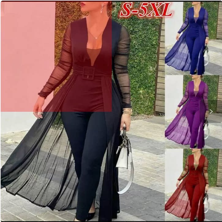 欧美女装裙裤新款纯色时尚深v领长袖蕾丝拼接纯色修身连体衣Q033