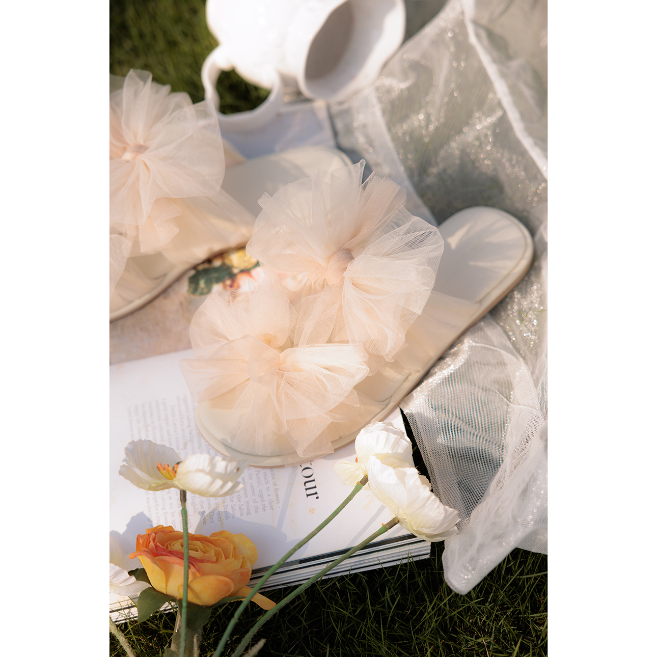 平底凉拖鞋薮椿仙女风网纱蝴蝶结