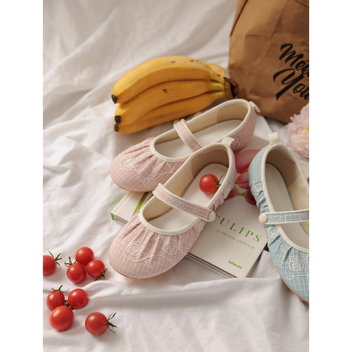 薮椿原创格纹花朵圆头玛丽珍鞋