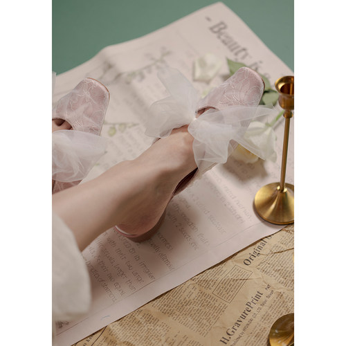 仙方头粗跟穆勒鞋蕾丝网纱蝴蝶结