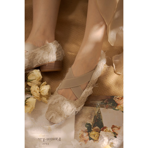 薮椿芭蕾鞋原创网纱交叉方头粗跟