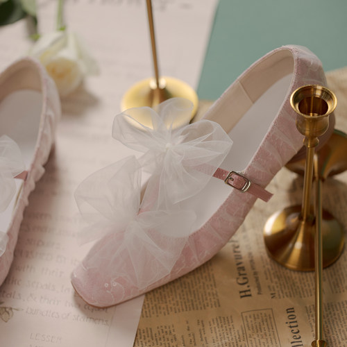 玛丽珍婚鞋伴娘鞋蕾丝网纱蝴蝶结