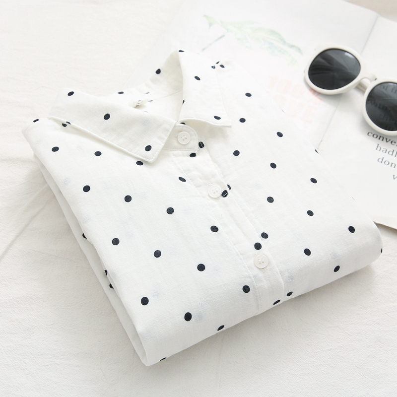 日系长袖双层纱点点衬衫