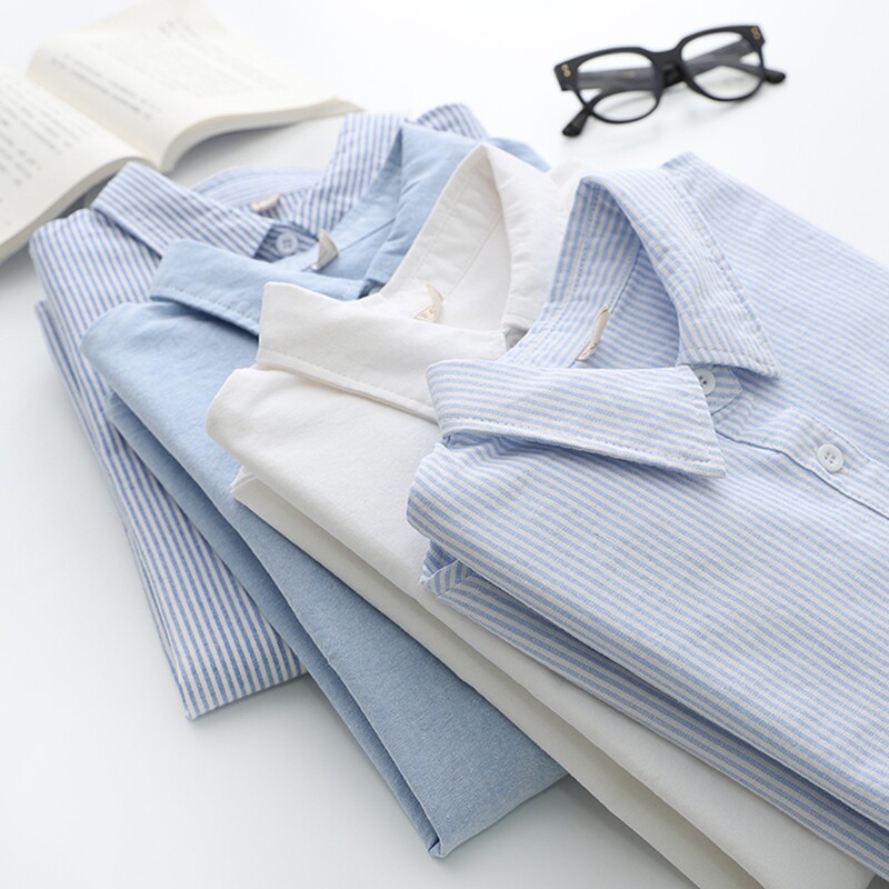 春秋季韩版条纹长袖女衬衣修身百搭纯棉牛津纺基础款工作打底衬衫