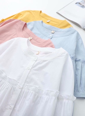 木耳花边纯棉白短袖衬衫女夏新款小清新甜美上衣宽松显瘦中袖衬衣