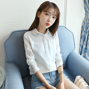 新款 2020春装 学生百搭文艺打底白衬衣女 纯棉条纹拼接翻领衬衫 韩版