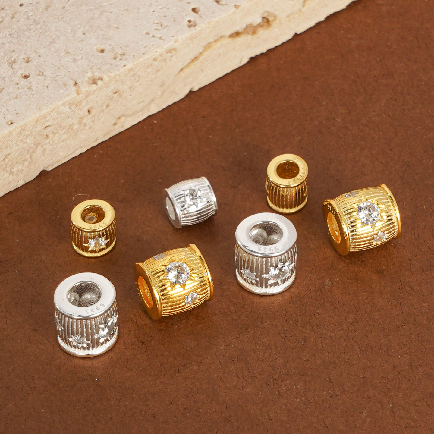 纯银爆闪星星钻鼓珠穿孔隔珠