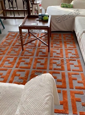 轻奢橙色F大牌客厅茶几垫家用卧室立体大面积地毯全铺书房衣帽间