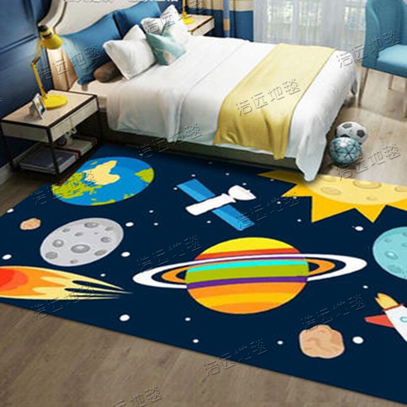 美式儿童房卡通地毯男孩卧室床边房间蓝色星球书房桌椅垫手工定制