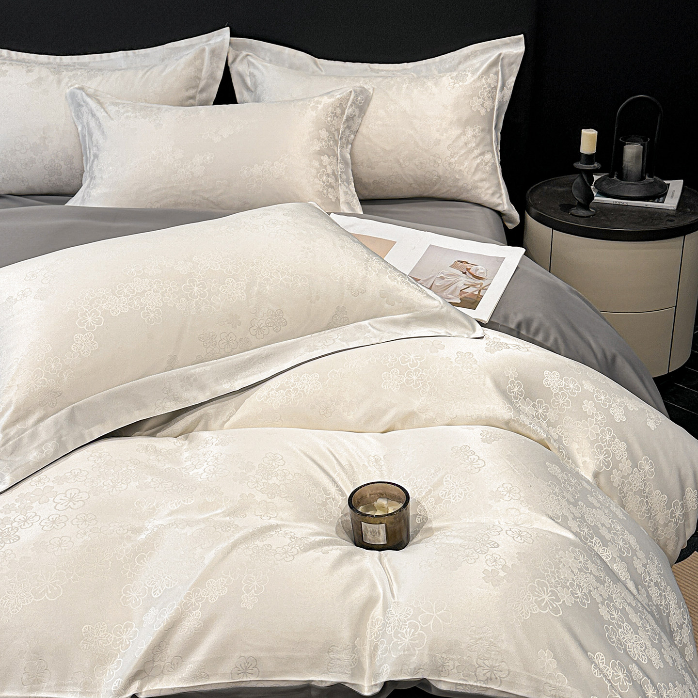 轻奢风贡缎提花冰丝四件套夏季丝滑裸睡床单被罩水洗真丝床上用品