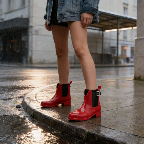 切尔西雨鞋女外穿短筒亮面红色防水雨靴百搭厚底防滑女士水靴胶鞋