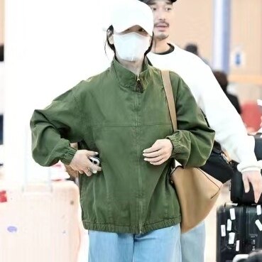 宋慧乔同款军绿色立领拉链夹克外套男女2024宽松休闲潮牌工装上衣