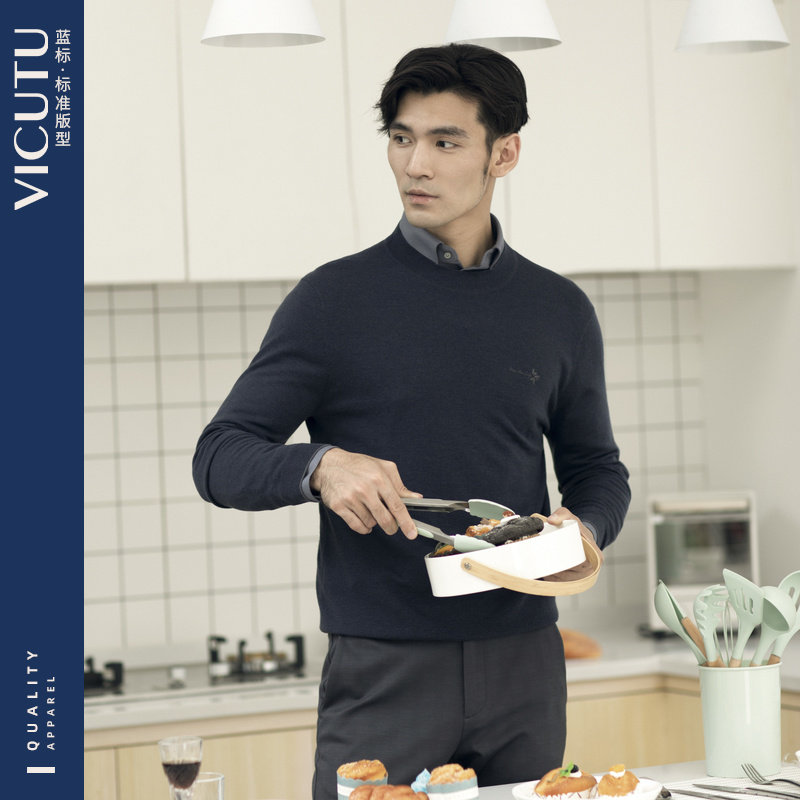 VICUTU威可多男士毛衣春季款舒适羊毛圆领针织衫商务休闲羊绒衫