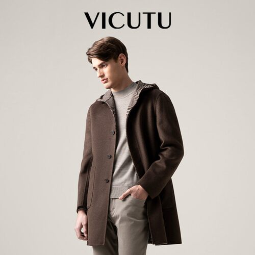 VICUTU威可多毛呢大衣男中长款连帽商务休闲秋季外套轻奢风