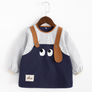 宝宝薄款罩衣纯棉防水围兜背带假两件男宝长袖防脏吃饭衣卡通护衣