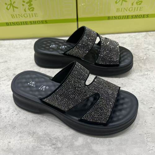 冰洁夏季水钻厚底防滑女一字拖