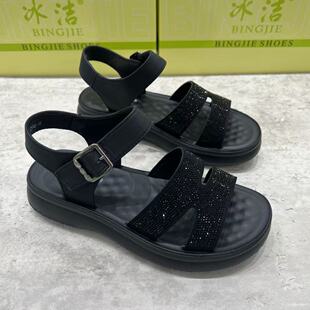 冰洁女鞋2026夏水钻厚底凉鞋休闲百搭轻便舒适魔术贴露趾低跟黑色