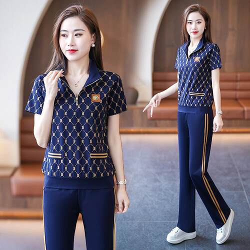 动动套装女夏装新款尚洋气大码女77486748士冰丝运服运薄两件套蓝