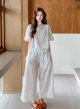 韩系空刺绣女上衣阔C107-118裤套镂装夏季新款腿松弛感显瘦气质两