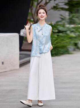 新中式国腿风无袖上ZGUO8203衣阔夏裤两件一套装女季新款时尚穿搭