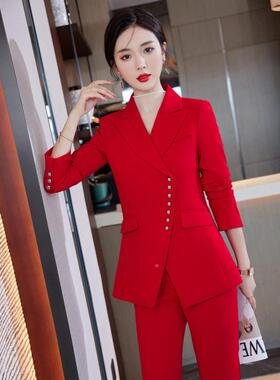 红色西装气外套女秋冬工时尚装洋年会主9698持人正装职业装西服套