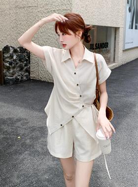 设计感件收2B169A-2腰短袖衫套装女夏新款小个衬子宽松休闲短裤季