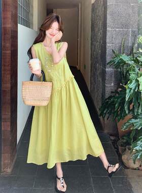 牛女油绿流苏c061-611刺绣无袖连衣裙新款度夏季假风果领拼接背心