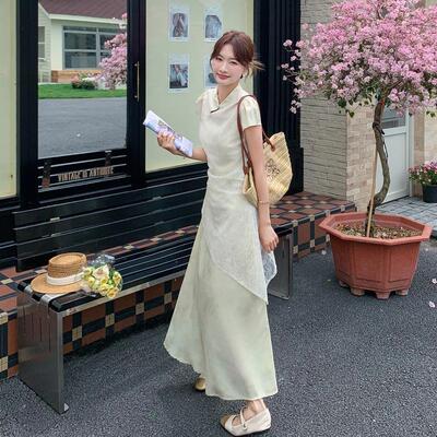 米白优雅风提花拼接连国衣裙女夏季D060-268新款高级感长修身气质