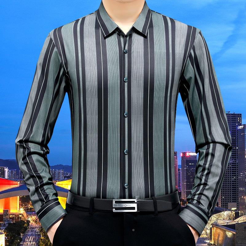 春秋新衣款中S5009-X青年男士长袖羊绒条免休烫纹衬衫商务闲衬爸