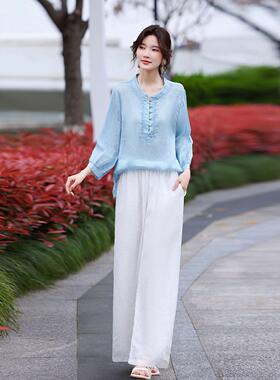 新两中式装套女夏季款妈新妈洋气宽松苎麻刺ZXIN2115绣上衣阔腿裤