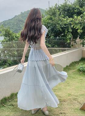 温C166-675柔风蓝色镂针织空衫百褶蛋糕长裙套装浅女海夏边度假两