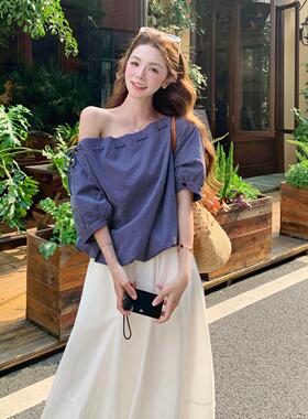 法式复古优苞雅花文艺风穿女夏日格纹露肩上衣半身裙搭两ZR2B114