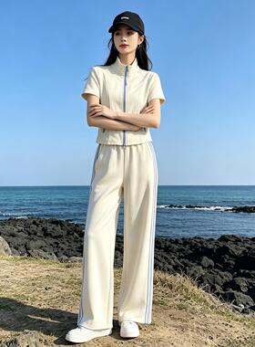 色ZR2C310高级感休运闲动套两装女夏季新款减龄杏立领短袖阔腿裤