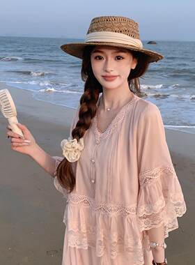 法式温柔夏件风粉色甜美装ZSHUI273女季蕾丝套拼接上衣阔腿裤休闲
