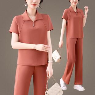 薄运动套装女休牌夏装新款闲时髦品洋气妈妈立领1020205款短袖两