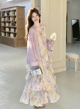 紫色开优雅情扎ZR2D003染件碎花吊带连衣裙套装风女新款系带衫两