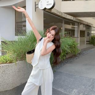 风钱风白色西装马甲蕾阔丝腿裤三件套装女夏气质老轻熟超C267-121