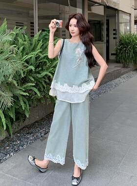 蓝休闲复古风腿蕾丝拼接牛仔套新装女色C271-662款刺绣马甲阔裤两