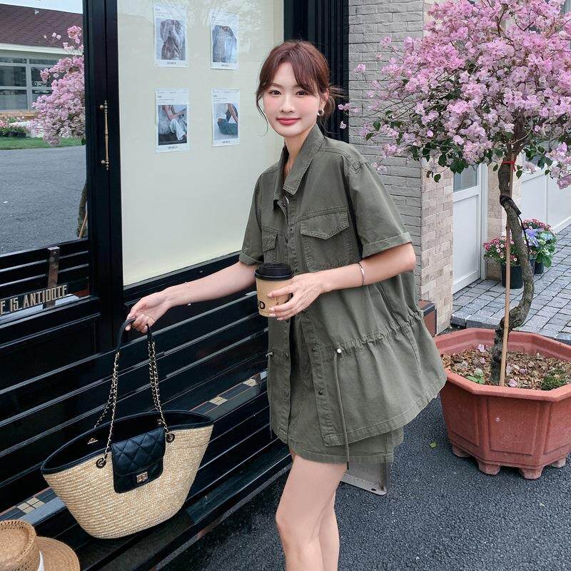 浅短绿色韩系工装日风牛仔袖衬衫短裙套装飒女夏新款酷两C09-610图片