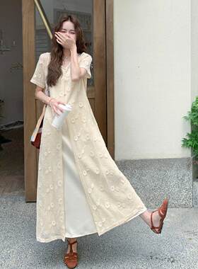 浅黄色罩衫连衣裙女夏季新款温柔气质风面吊带长裙件C525-Q61子两