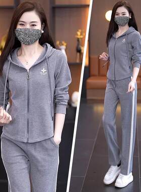 带帽76177085休闲套女装春秋时尚新款时洋气半拉链卫衣直裤筒两髦
