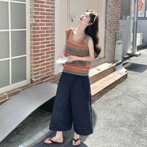 多D055-609巴胺撞色穿针背心阔腿裤件套女夏新款韩系松弛织感搭套
