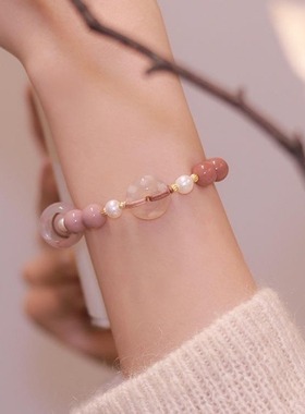 2025抖音新款仿阿拉善樱花玛瑙手串平安扣粉色珍珠抽拉少女心