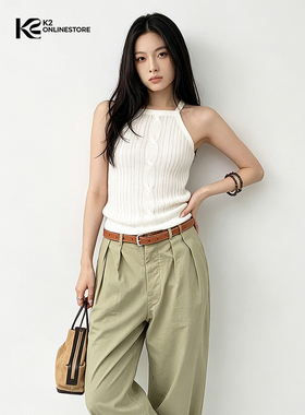 K2 ONLINESTORE法式白色姣花无袖挂脖背心女时尚简约修身百搭上衣