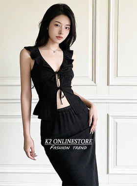 K2 ONLINESTORE 法式黑色镂空系带飞飞袖开衫女气质修身百搭上衣