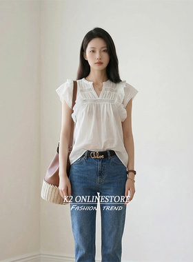 K2 ONLINESTORE 法式蕾丝花边拼接飞飞袖衬衫女白色休闲百搭上衣