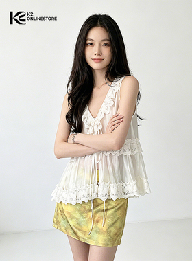 K2 ONLINESTORE 法式蕾丝花边拼接网纱背心女装白色透视宽松上衣